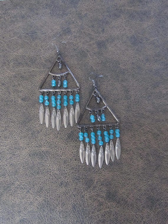 Large Baby blue frosted glass and gunmetal chandelier earrings