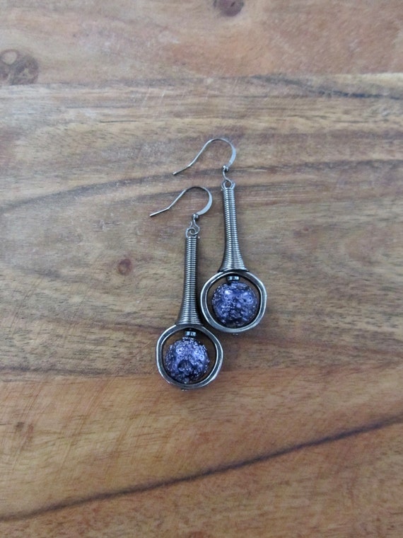 Mid century modern electroplated lava rock gunmetal earrings