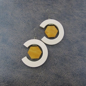 Wooden earrings, statement geometric earrings, cream earrings, hexagon earrings