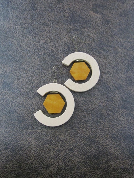 Wooden earrings, statement geometric earrings, cream earrings, hexagon earrings