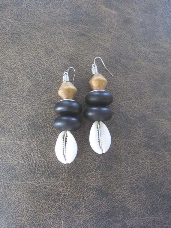 Bold chunky cowrie shell and black wooden earrings