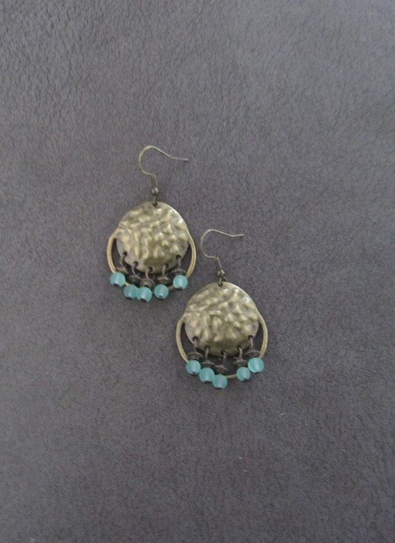 Sea green frosted glass and hammered bronze chandelier earrings