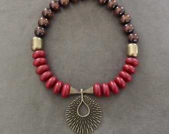 Chunky bronze and red wooden necklace
