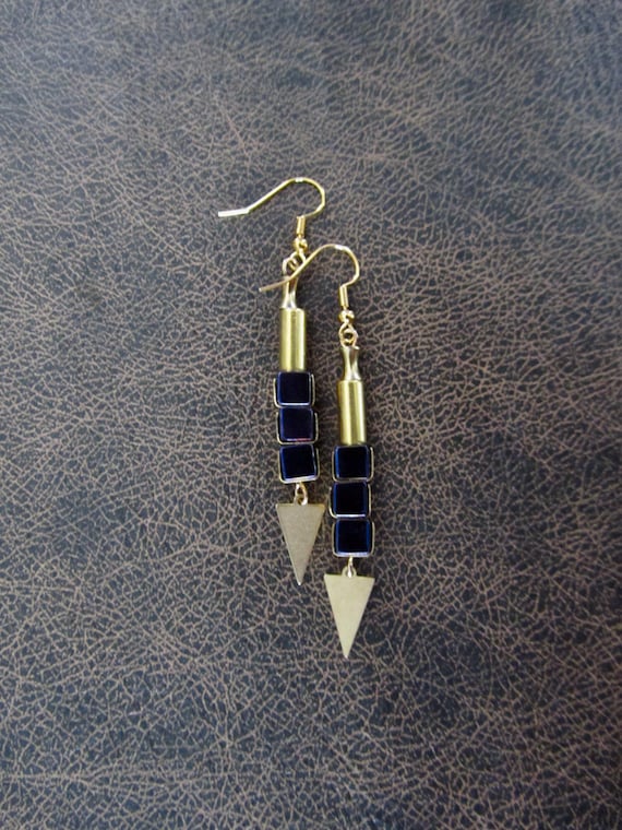 Brass mid century modern hematite earrings