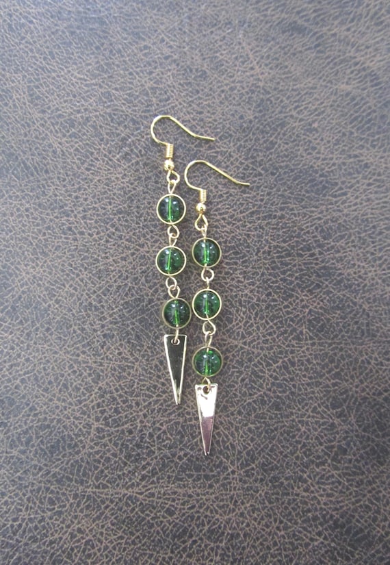Green and gold dangle earrings