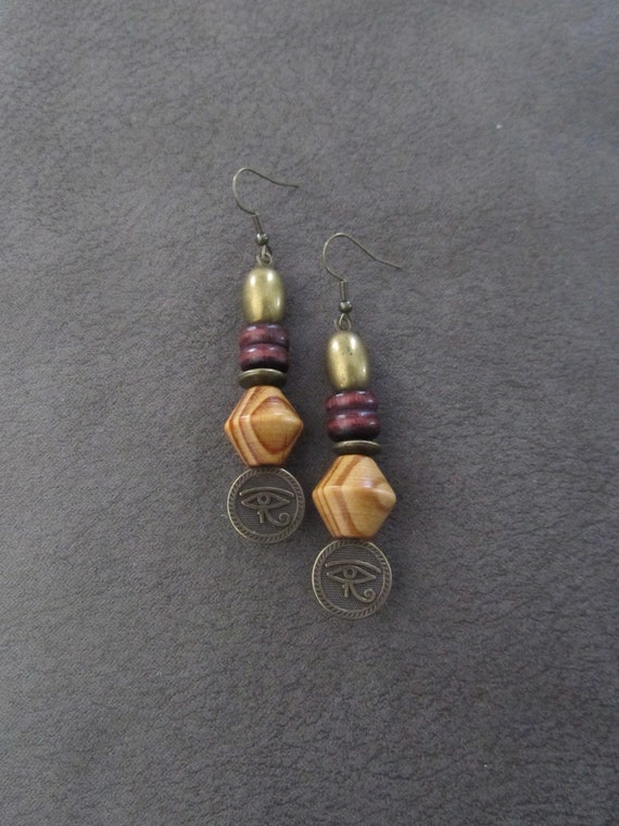 Egyptian African earrings, bold statement earrings, ethnic tribal earrings, neutral, Afrocentric eye of Horus earrings, mythology, kemetism