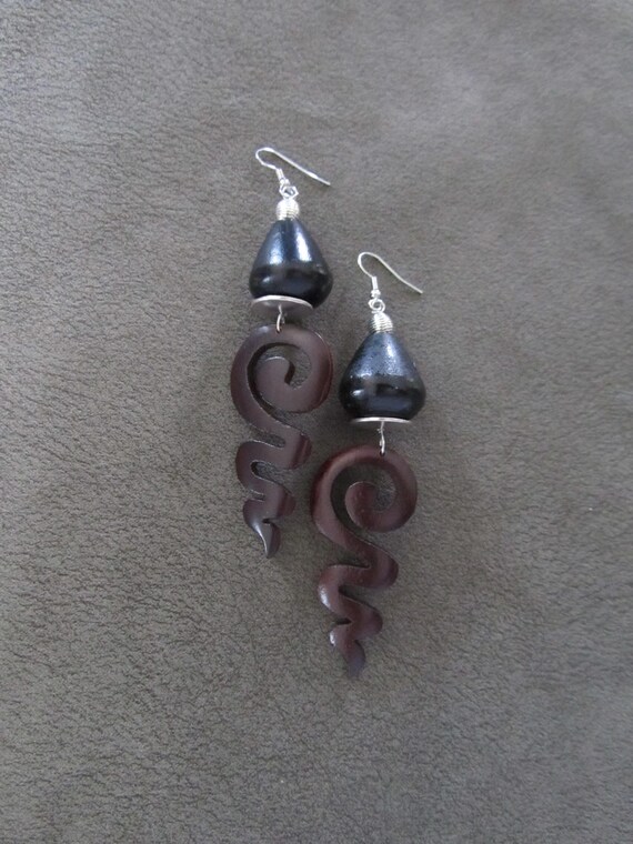 Carved large spiral wooden earrings
