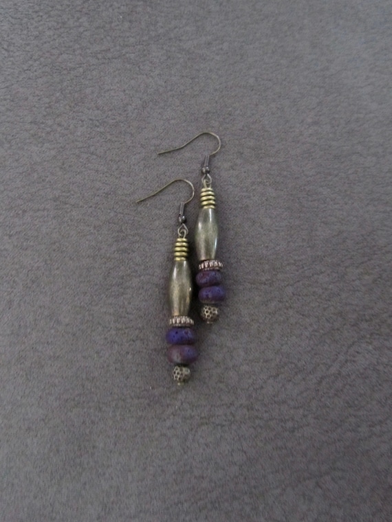 Purple agate and bronze modern earrings, mid century minimalist earrings