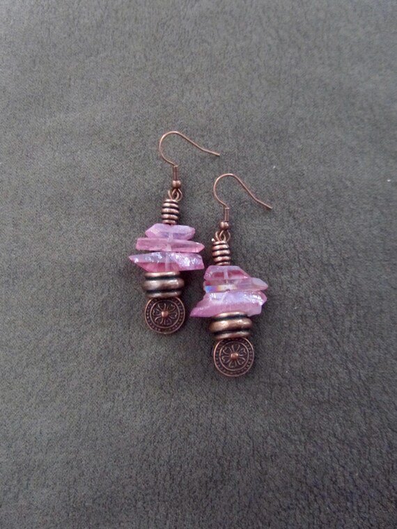 Raw quartz pink crystal earrings copper