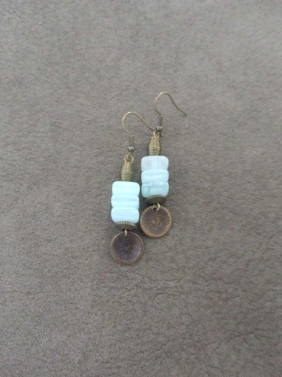 Blue frosted glass and bronze earrings