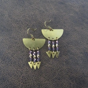 Purple crystal and brass modern chandelier earrings