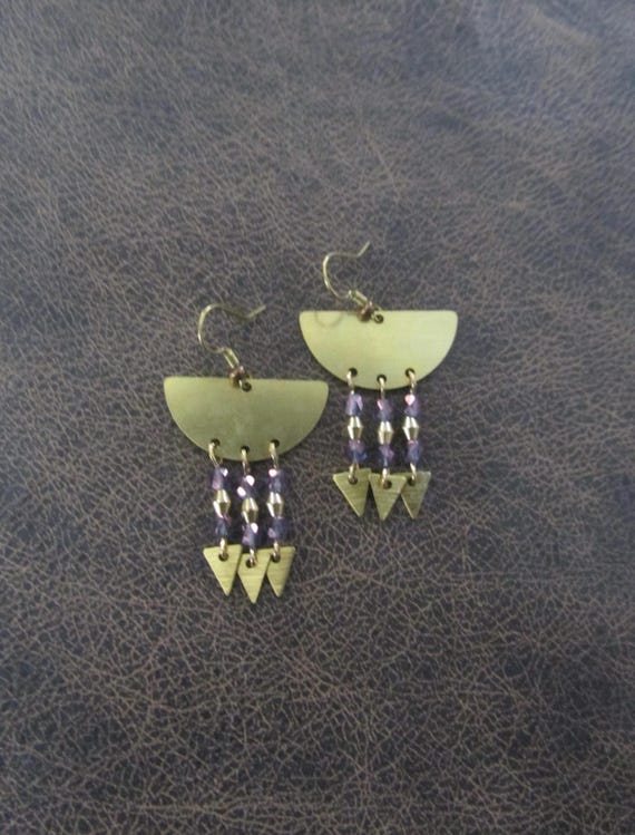 Purple crystal and brass modern chandelier earrings