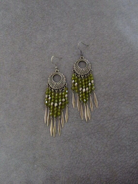Chandelier earrings, green crystal and bronze gypsy earrings, boho earrings, long ethnic tribal earrings, bohemian unique princess