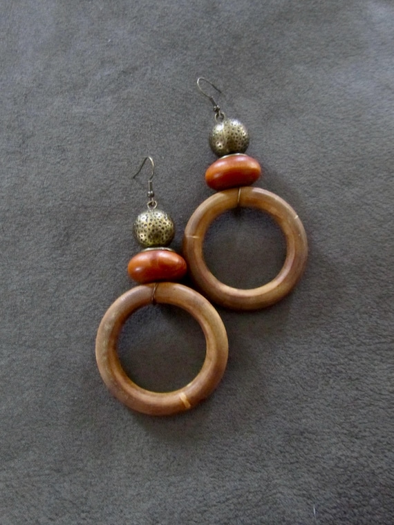 Big wooden earrings, natural Afrocentric earrings, mid century modern hoop earrings, orange