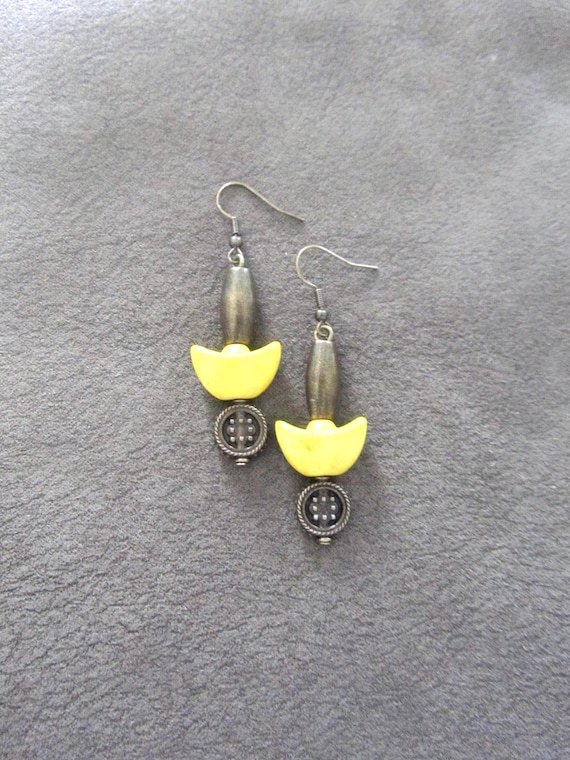 Unique yellow howlite and bronze earrings