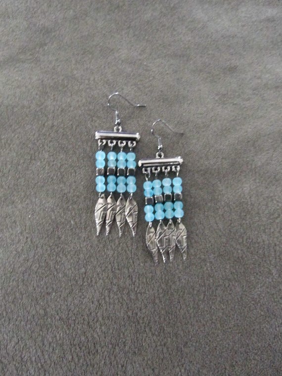 Baby blue frosted glass and gunmetal chandelier earrings