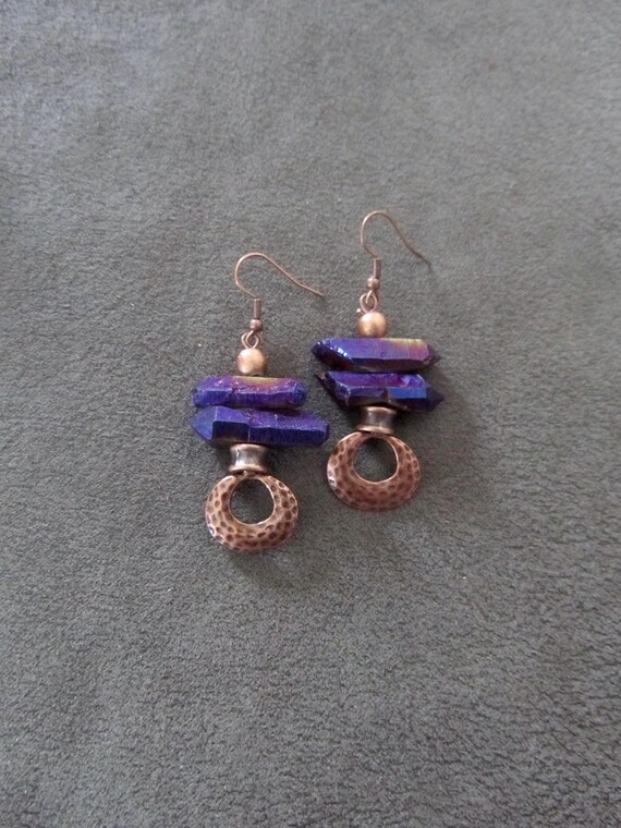Raw quartz crystal earrings, purple and copper