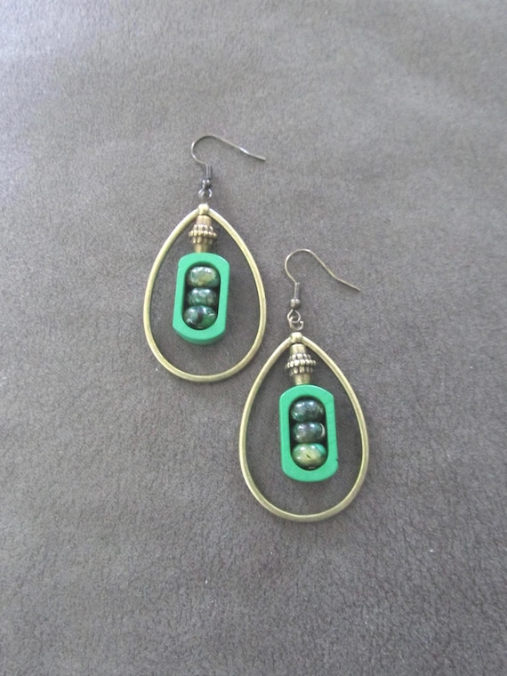 Bronze tear drop hoop  and green jasper earrings