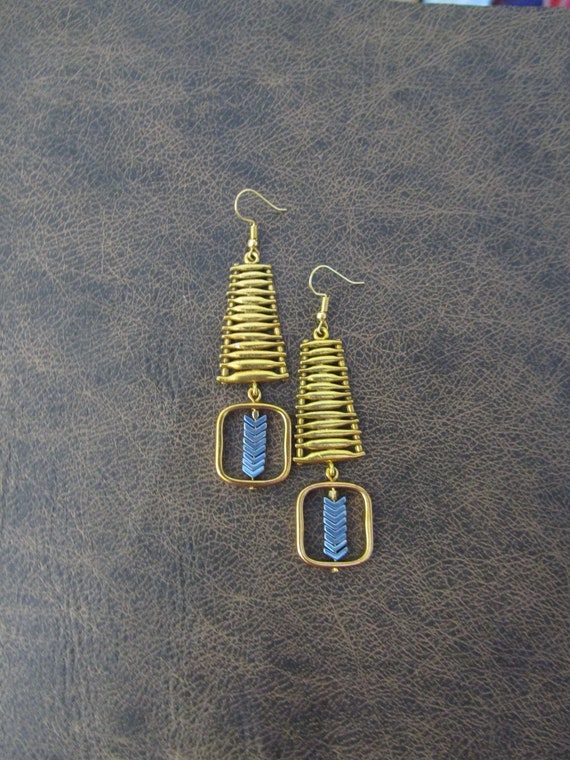 Gold geometric earrings, blue arrow earrings, mid century modern