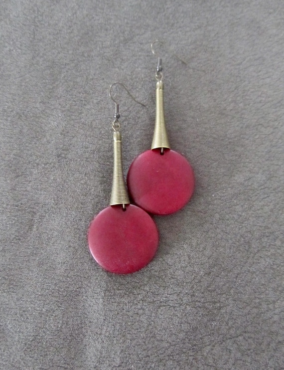 Cranberry red and bronze geometric earrings