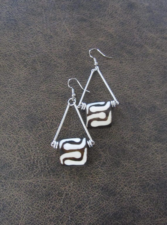 Batik print bone earrings, black and white earrings, silver