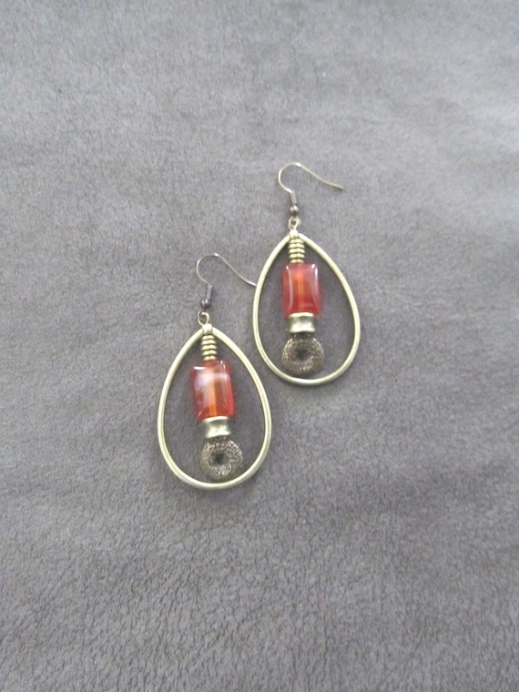 Bohemian earrings, rustic boho artisan ethnic Asian teardrop hoop earrings