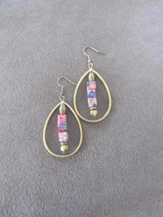 Antique brass and multicolor imperial jasper hoop earrings