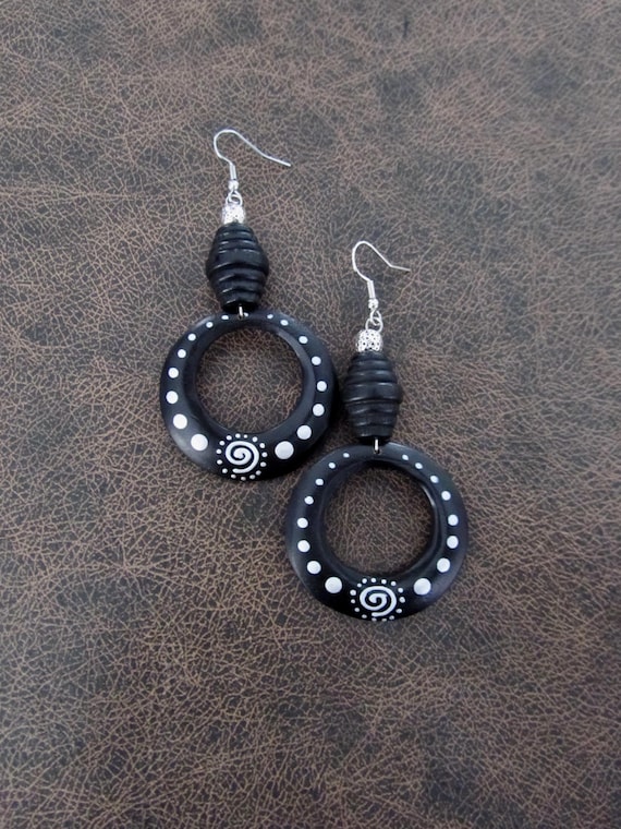 Large tribal painted wooden earrings