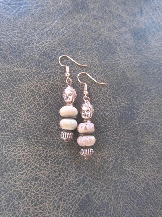 Buddha earrings, peach druzy agate and copper earrings
