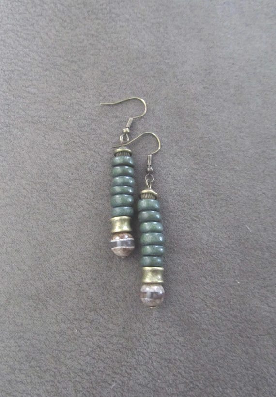 Wooden and Tibetan agate earrings, green