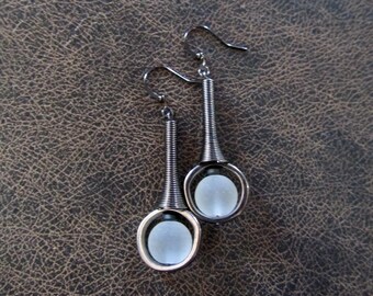 Mid century modern earrings clear frosted glass and gunmetal earrings