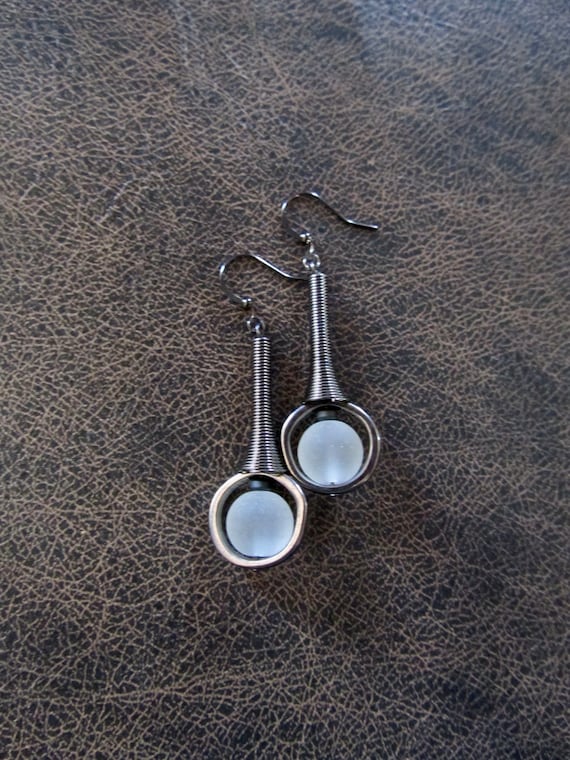 Mid century modern earrings clear frosted glass and gunmetal earrings