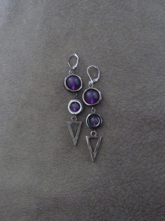 Long sea glass earrings, bohemian earrings, gunmetal earrings, bold earrings, boho earrings, purple earrings, geometric earrings, artisan