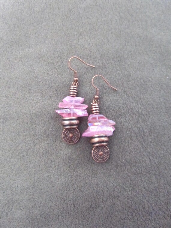 Raw quartz pink crystal earrings copper