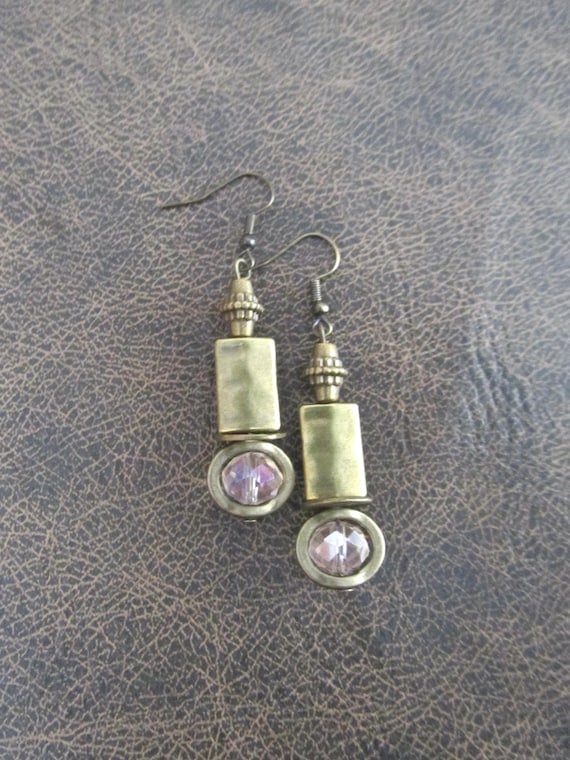 Unique hammered bronze and peach crystal earrings