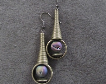 Mid century modern earrings, Brutalist earrings, minimalist earrings, electroplated druzy unique artisan, multicolor rainbow earrings