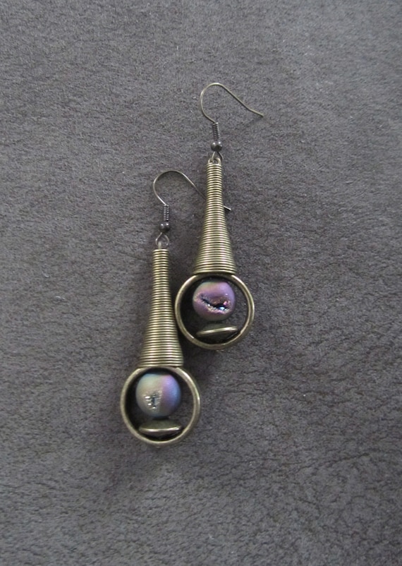 Mid century modern earrings, Brutalist earrings, minimalist earrings, electroplated druzy unique artisan, multicolor rainbow earrings