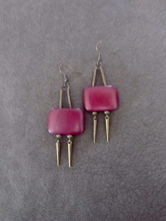 Large geometric mid century wooden earrings, red 2