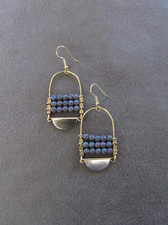 Lava rock chandelier earrings gold and rainbow 2