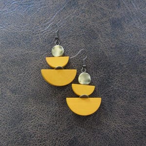 Yellow Wood & Bronze Dangle Earrings: Mid Century Modern Style