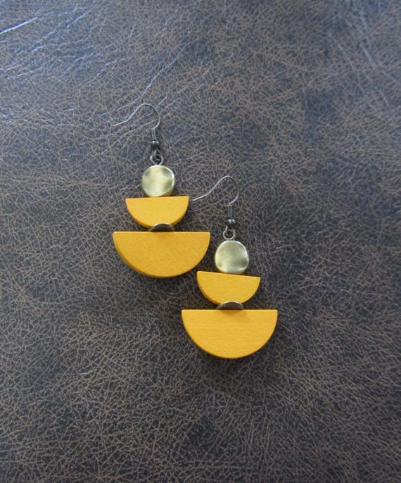 Yellow wooden and bronze Afrocentric dangle earrings, mid century modern earrings, African earrings, bold statement, unique