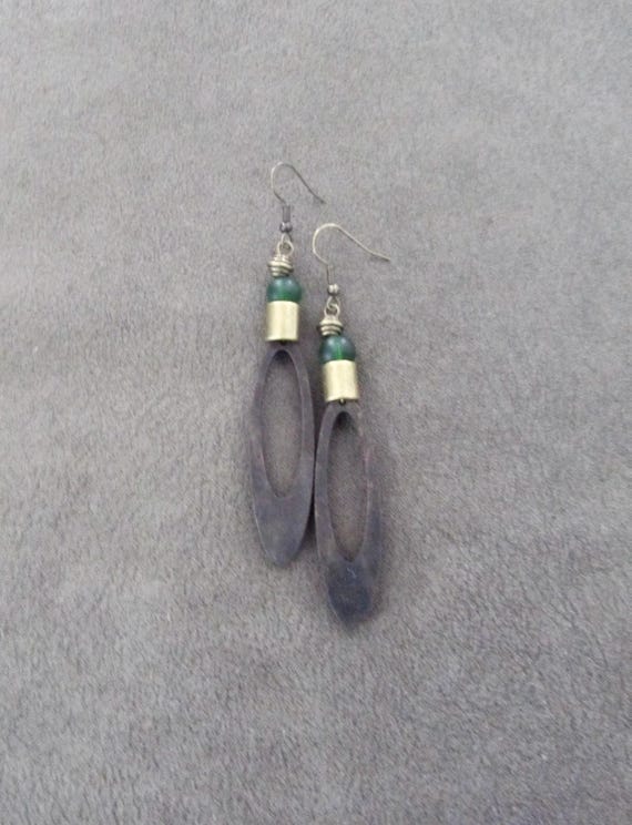Long Wood & Green Glass Earrings: Afrocentric Geometric Jewelry