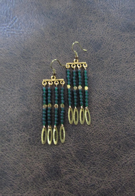 Green seed bead and brass chandelier earrings