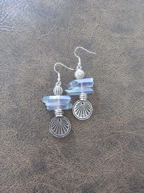 Raw quartz crystal earrings, iridescent
