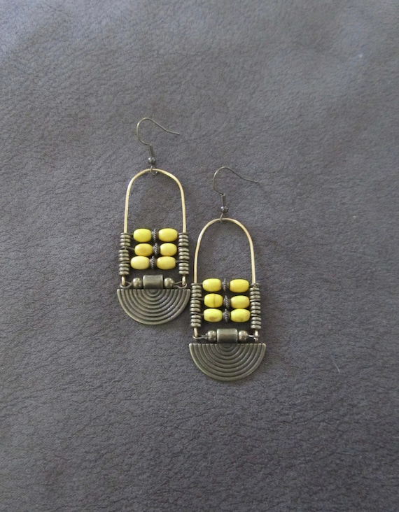 Yellow magnesite stone and bronze, ethnic statement earrings, bold earrings, bohemian boho chic earrings
