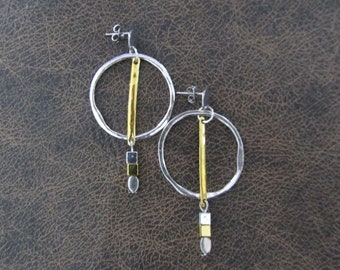 Modern industrial gold and silver hoop earrings