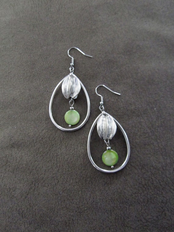 Silver and green mother of pearl shell teardrop hoop earrings