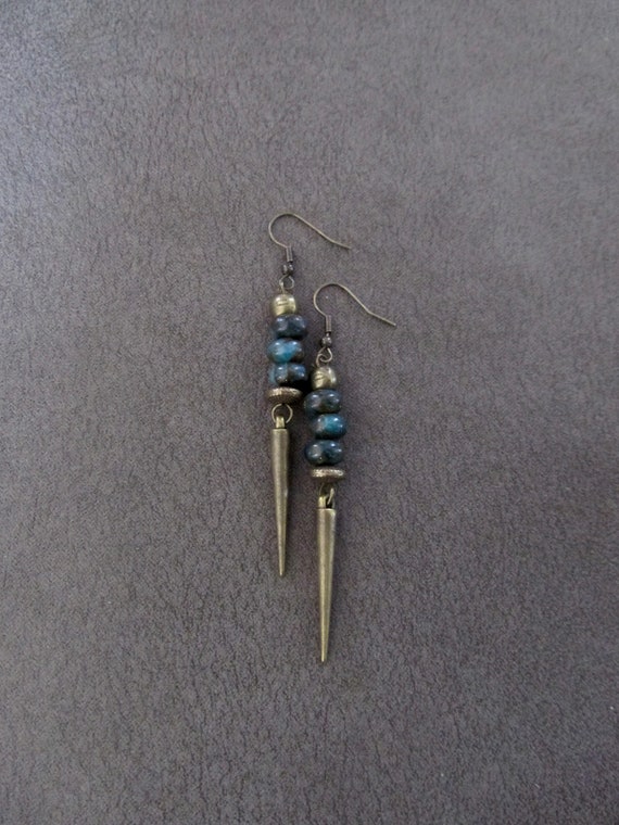 Blue jasper earrings, unique ethnic earrings, mid century, minimalist spike earrings, boho chic earrings