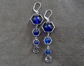 Long royal blue frosted glass and silver hexagon earrings