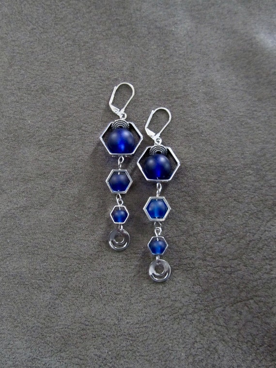 Long royal blue frosted glass and silver hexagon earrings
